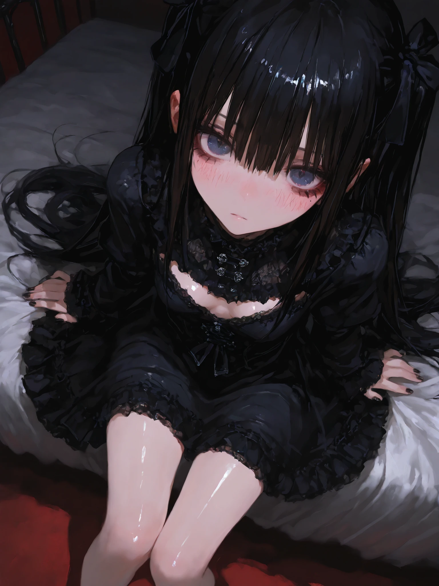Solo、1girll、doll-joints、full-body portraits、White Gothic costume、无袖、Sitting down、White-colored skin