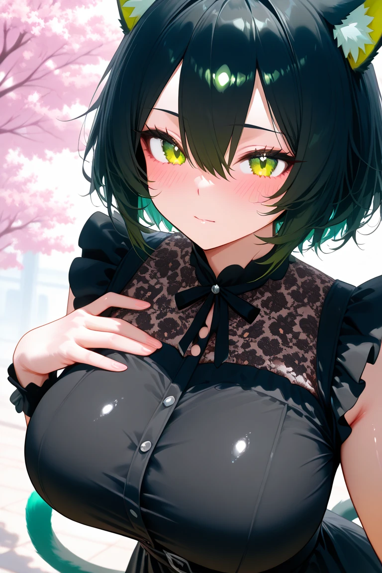 College girl, big bust, very curvy, bob hair with bangs, black hair, green eyes, goth/emo, sexy, asian