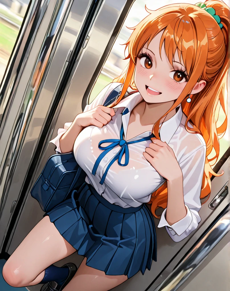 masterpiece, best quality, finely detailed, one piece, nami, orange hair, pleated skirt, (school uniform), huge breasts, cleavage, classroom,