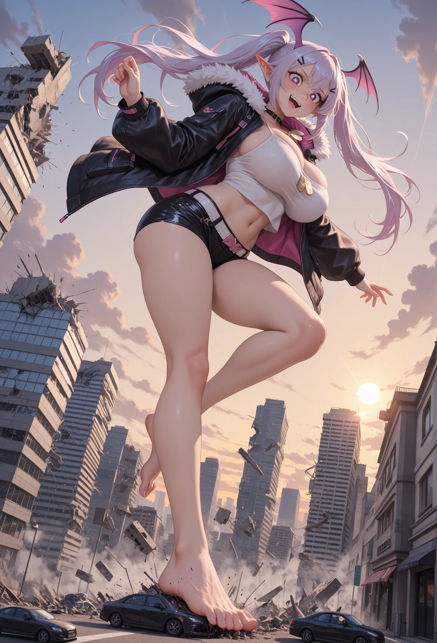 18 jear old Girl sit in destroyed city  turned into a giant taller than buildings with belly 