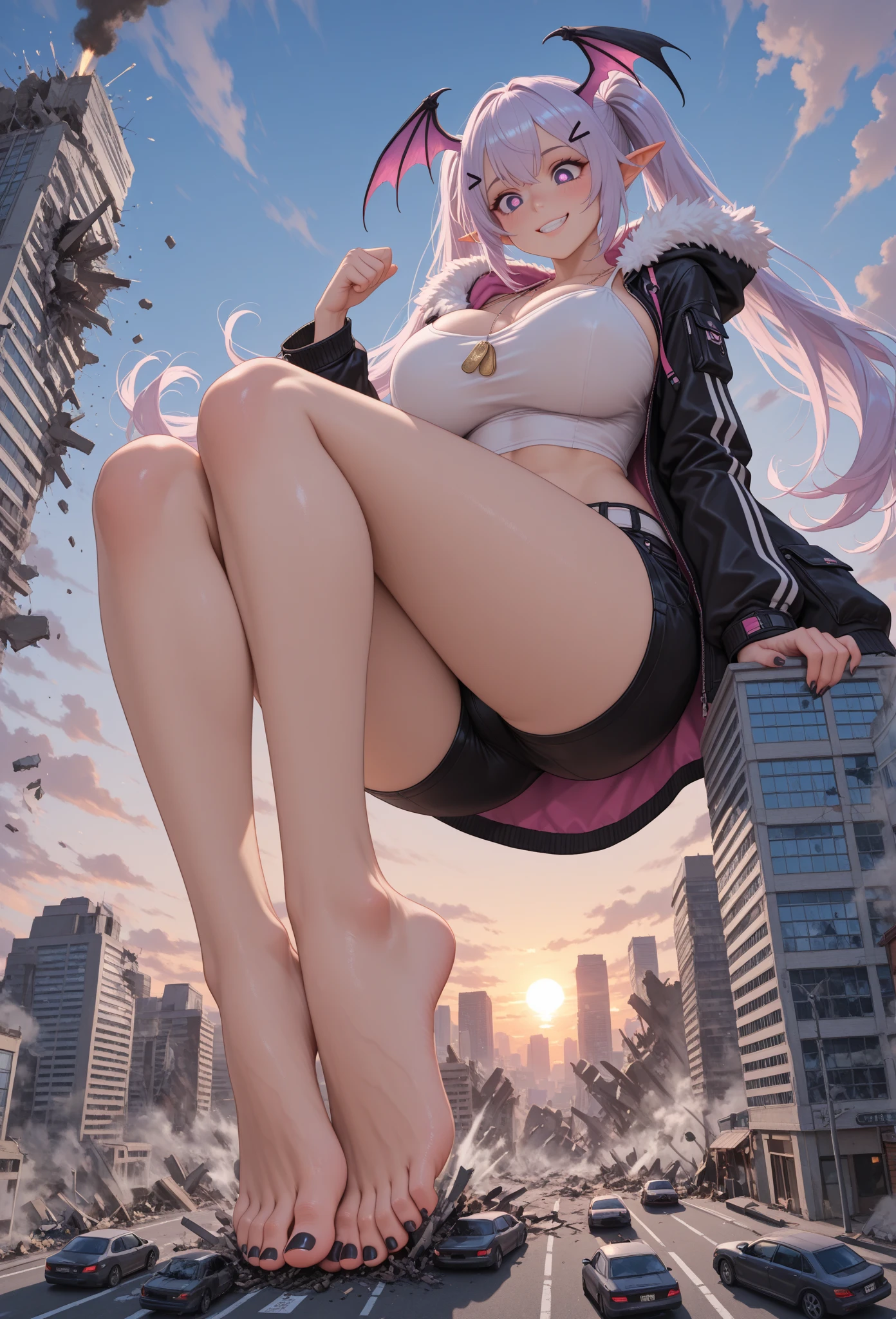 Giantess pink skirt pink croptop pink hair crushing tiny man with , city back ground