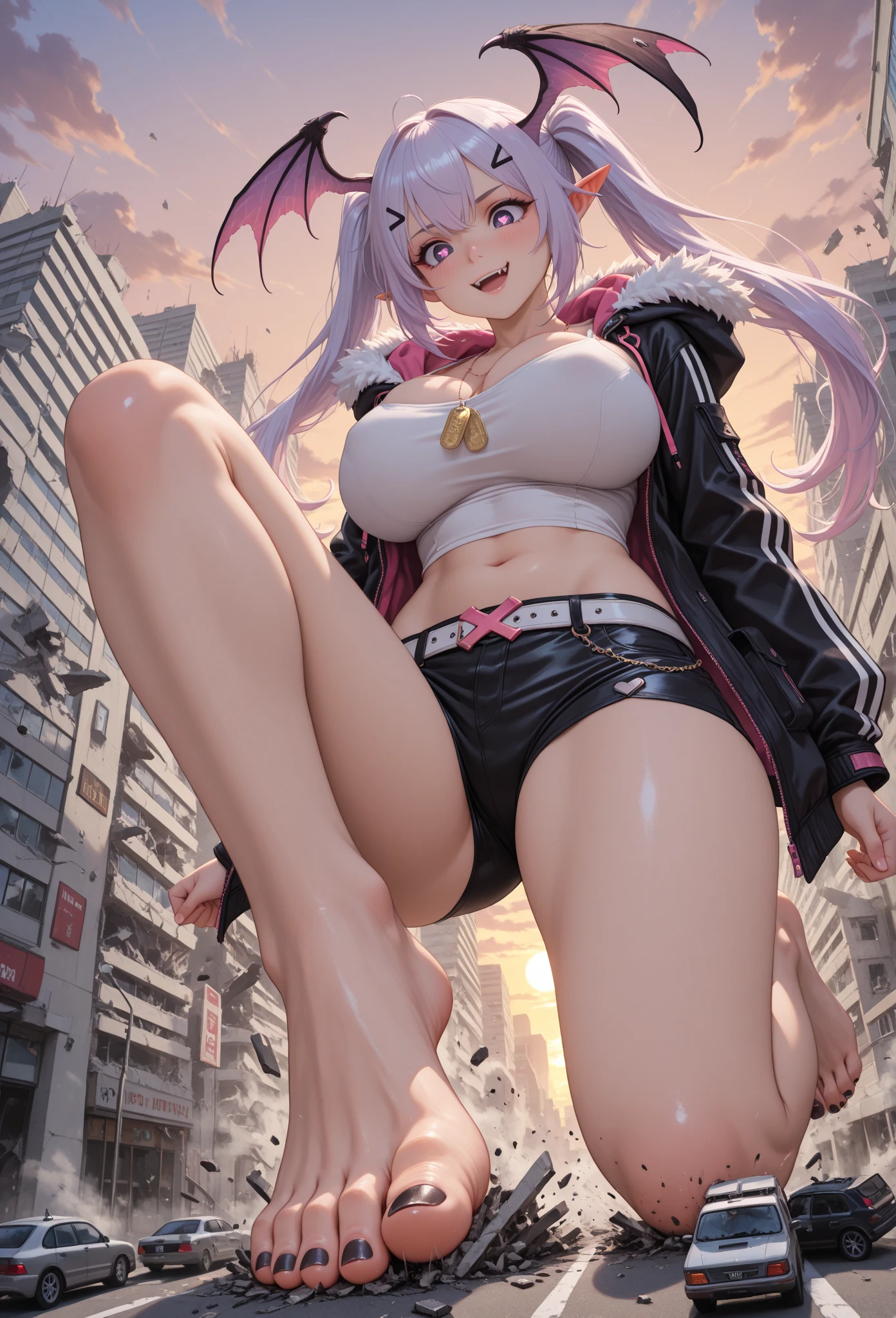 giantess, Only one girl, Lying down, Sleeping girl, (((character Sleeping girl on a mountain top next to a city))), ((Super huge high school girl bigger than a island)), Pleasure, Cleavage, Trying to crush a miniature metropolis, blue eyes, ((destroyed city)), Wearing pink sportswear that shows off her cleavage, Wear black yoga pants underneath, erect nipples, stomach, navel, Long legs, Tightens abs, No chest leakage, crash city, tiny city, micro city, skinny pants, gym room, big assa, city, ((Sweat)), (((Falling sweat))), Thighs, giga giantess, huge craters, Woman crushing a building, Steam from the body, ravines, cracks in the ground, earthquak, null, blue sky, City, shiranui_kantaicollection, pink_hair, short_hair, ponytail, blue_eyes, ((Background on the street)), (((The Girl Who Crushes the City))), first-person view, first-person view, anime, first-person view, anime, best quality, masterpiece, highres