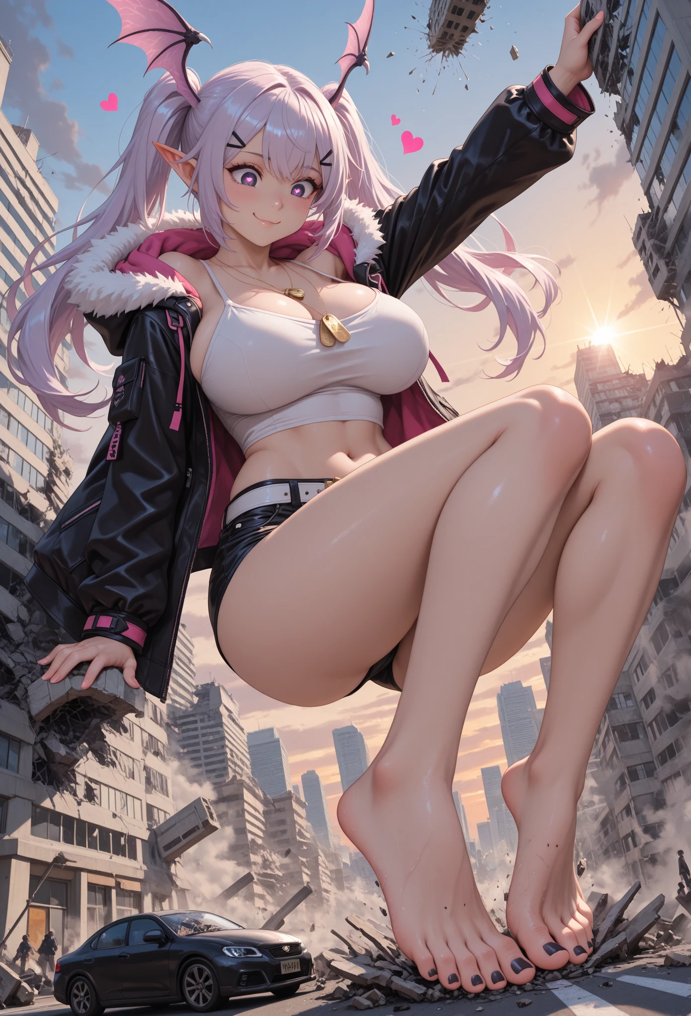 anime girl in a city at night, anime style 4 k, anime cyberpunk art, digital cyberpunk anime art, 4k anime wallpaper, modern cyberpunk anime, cyberpunk anime art, laying on a rooftop, cyberpunk anime girl, digital cyberpunk - anime art, ultra hd anime wallpaper, Beautiful, pink jacket, white mini skirt, white top, underboob, Hyperdetailed, Intricate, Elaborate, Meticulous, Photorealistic, Sharp Focus, Wlop, Character Design, Unreal Engine, 3d Rendered, Volumetric Lighting, Reflections, Glossy, Digital Illustration, Sensual Pose, Suggestive Pose, Lewd, Full Body Shot, anatomically correct 💖❤💕💋❣