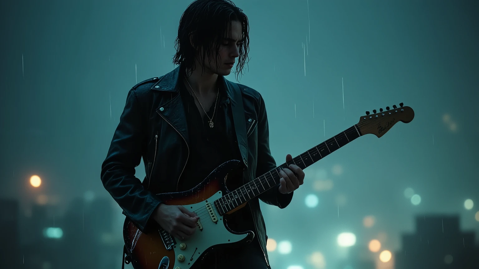 A cinematic and deeply melancholic photo of a cool young male rockstar standing on a high place, such as a cliff or rooftop, at night. He stands confidently, very close to the camera, playing an electric guitar. His sorrowful eyes are clearly visible, filled with emotion, as he gazes forward. Rain pours heavily, soaking his hair and clinging to his leather jacket and jeans. Thin mist curls around his legs, and a soft, cold spotlight highlights the rain on his face, the glistening guitar, and his emotional expression. The background fades into dark shadows and distant depths, amplifying the raw, intimate emotion in his posture. The scene evokes a haunting and powerful atmosphere — perfect for a melancholic slow rock album cover.