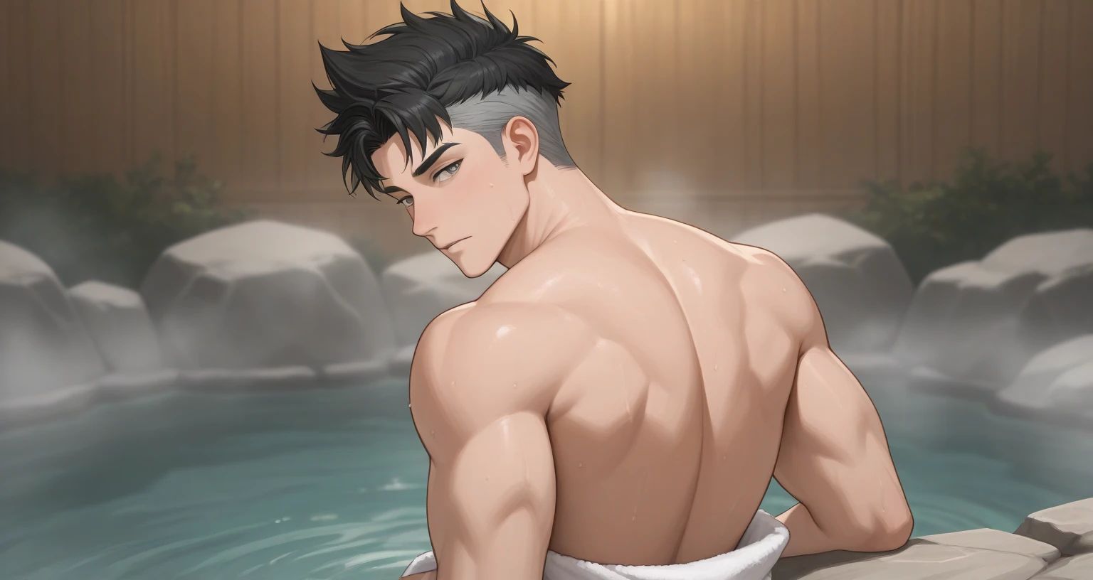 (single) funndoshi style, onsen, facial hair, relaxing posture