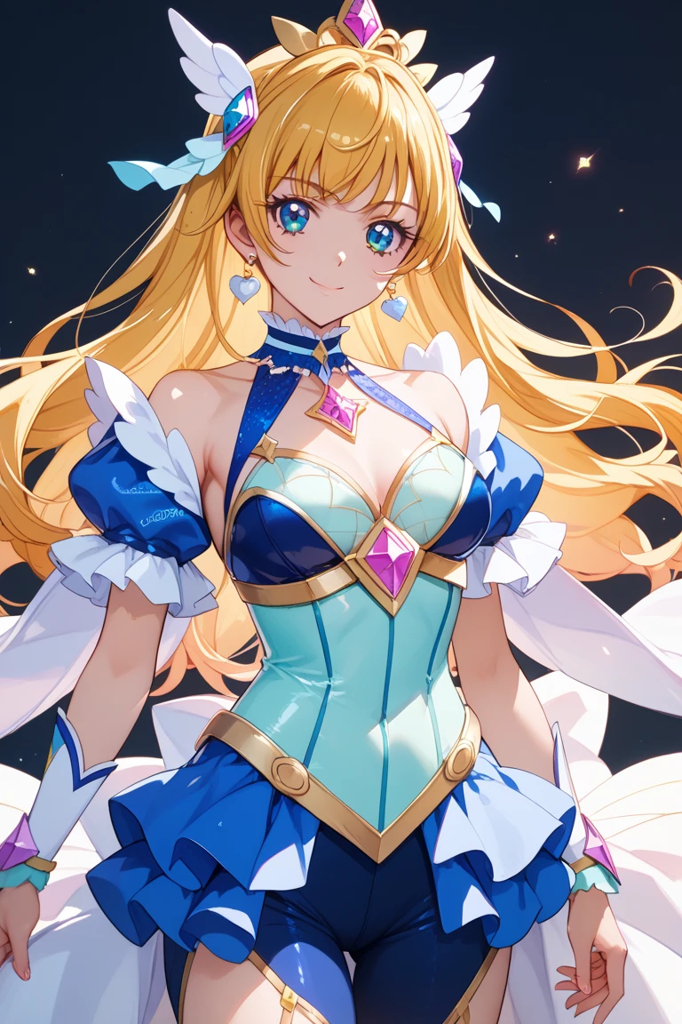 magical girl with large_breasts flying in the luminous magical background, magical effect around torso, cowboy shot, 1girl, solo, (masquerade mask), magical girl, cape, pantyhose, elbow long gloves, young adult, blonde gorgeous hair, luminous hair, large_breasts, large hips,