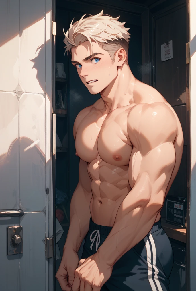 ((the best quality)), ((Masterpiece)), (details), perfect face, high definition, Masterpiece,4k,details clearly, Handsome face, white skin, perfect body, male body, strong muscles, abdomen, blue eyes, white skin, The most handsome man in the world, handsome, The coolest face, Male characters, close image (1man, shirtless), young man, mischievous smile, Extremely muscular tall man, open your eyes ((detailed eyes)), huge, muscular body and Massive, bulging pecs, muscular abs, narrow waist, short hair, blue eyes, delicate big eyes, carefree expression, clear face, handsome (detailed face, perfect face) ((extremely realistic shadows, bodybuilding posture, human, ((22-year-old young man)), V shape, athletic pants, athletic, Shirtless, Sunlight, Street wall, lower pants, topless, close up look, CG sense, Textured skin, the best quality, Storytelling images, lower your pants, show Panty line, Show your abs, show arm muscle, white hair, shining blue eyes, eyes contact