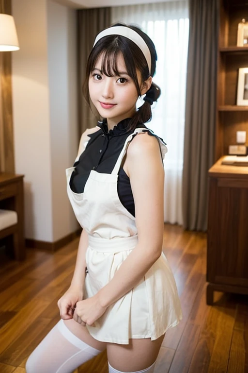 (8k, RAW Photos,Highest quality, High resolution:1.1), (Ultra-realistic:1.4),(Realistic, Realistic:1.3),The Beauty of Japan、((Upper Body:1.3)),maid喫茶、((maid:1.3)),look up、Shooting from above、cafe,from side