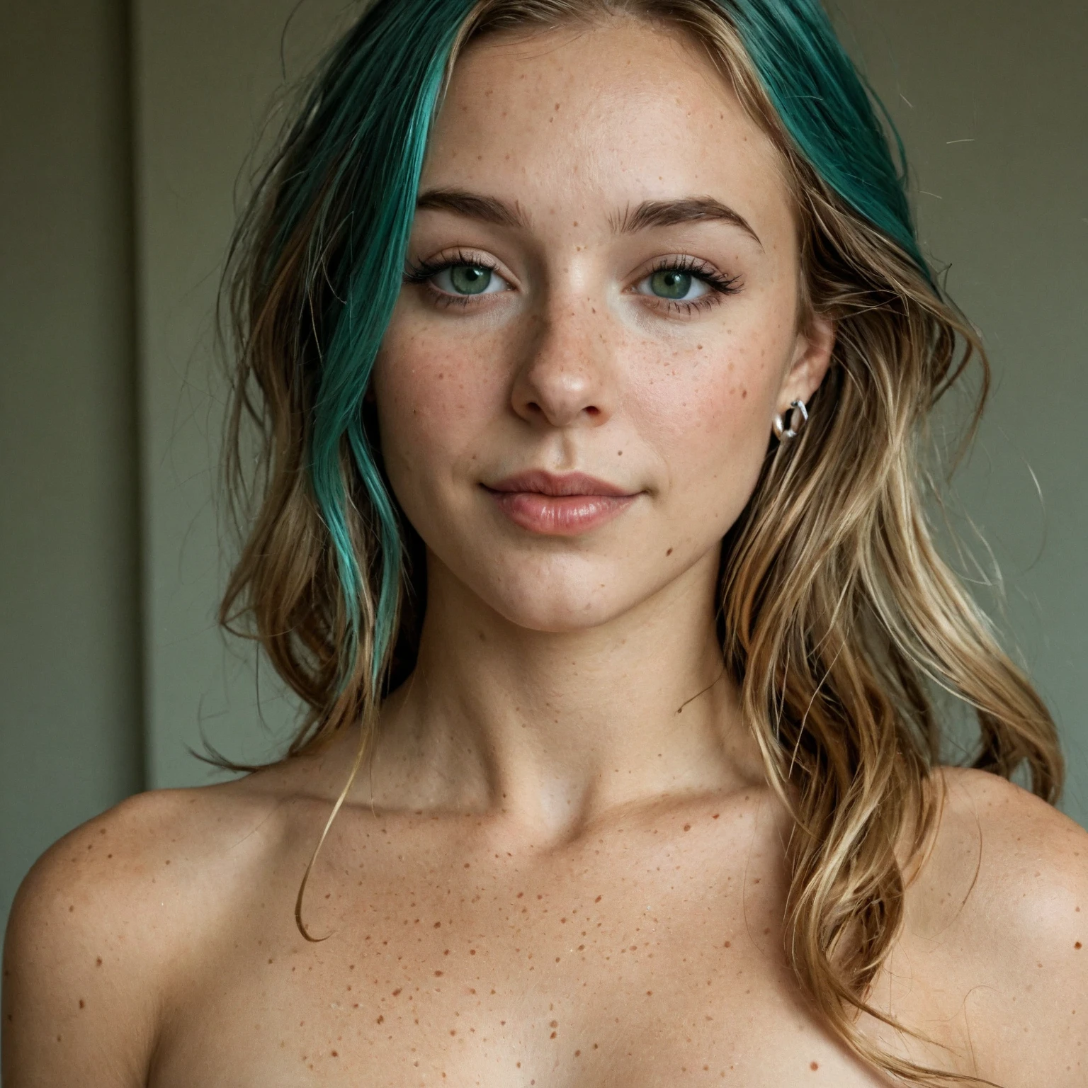 Create an image of High quality realistic style a (girl:1.3), (Green color hair) and has a slim body with Weevils small breasts, ((Wearing only a small thong Red color)), a Discreet smile on her beautiful thin and youthful face, Small freckles on the face, Red lipstick on the lips, Blue eyes, playing in a public park in the city, Focus on details, High saturation