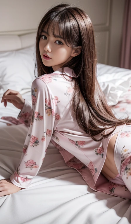 age 22，realisticlying，She is wearing a skirt，Wearing pink pajamas，Exposed body，brown  hair。 --auto