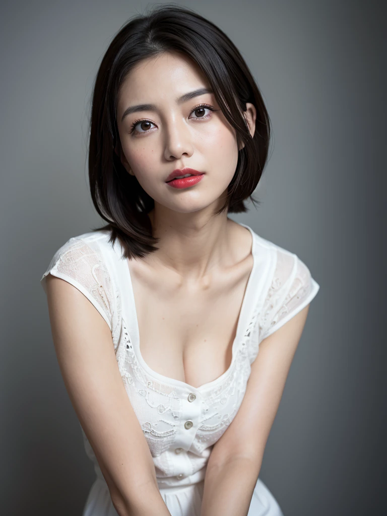 (Best Quality, 8k, 32k, Masterpiece, UHD: 1.2), Cute Japan Woman Pictures, Big, Very Short Bob Hair, Upper Body, Face Focus, Police Officer Uniform, Necklace, Simple Background, Look at the Viewer, Show Cleavage, Dogeza, Dogeza,