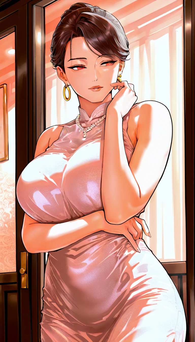 1,short hair,Photorealism,detailed,masterpiece,mature,((full)), (Broad shoulders), ((Huge)),Gold Micro Bikini,Showing cleavage,look at your thighs,Great hole,smile,masterpiece,High-quality illustration, absurd solution, High resolution, (masterpiece:1.4), ((Hugeブレスト:1.6)), 超detailed, One person,Wear a tight long dress, City streets,Sexy posture, The camera is close to the body