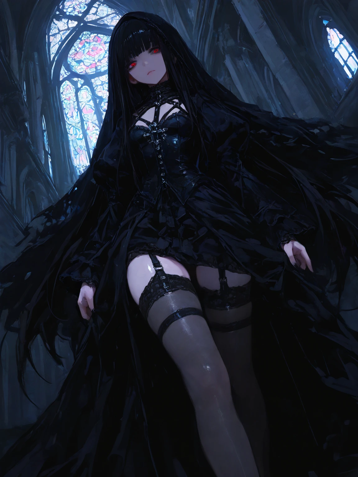 girl in a short skirt in stockings, topic, dark atmosphere, glowing eyes, green eyes, black hair, Bloom effect, VHS, short T-shirt, big thighs, glare, black clothes, night, hentai, nsfw, focus on face, big breasts, beautiful body, top, eye contact, half naked body, blur, high quality, anime style, 1 girl, monochrome, masterpiece, aesthetics, dark forest park, punk