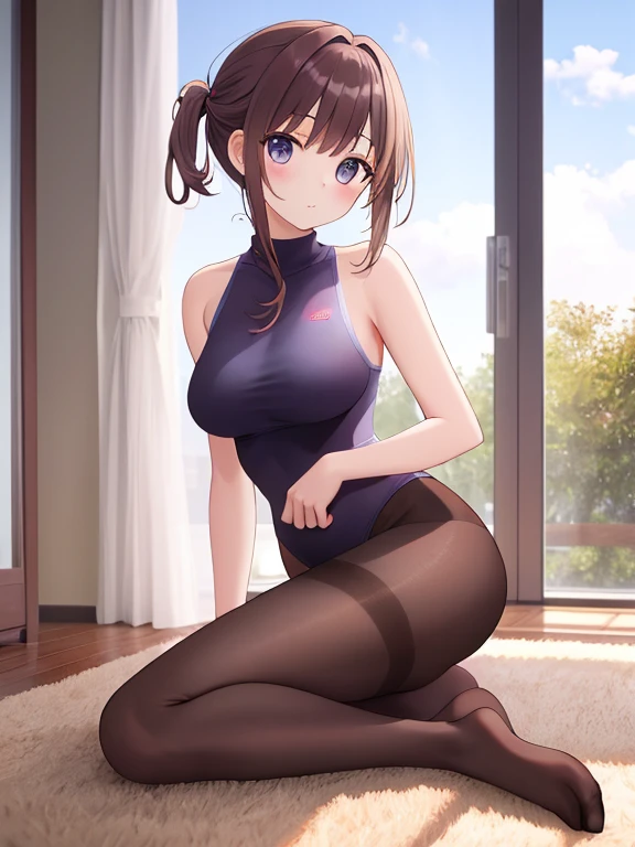 NSFW、top-quality、Full limbs、complete fingers、one beautiful women、Slender woman、(Beautiful Large Breasts:1.2)、Medium Hair、straight haired、brown haired、((Navy blue school swimsuit、Brown pantyhose))、A big smile、Rooms on the upper floors of tower apartments、Luxurious bedroom、Luxurious king-size bed、Pink sheets and pillows、Glass room、Outside view、((Midnight))、sit on a bed、((Grab your chest with your right hand、M-shaped legs、Touching the crotch with your left hand))、Naughty atmosphere、(Sweating:1.3)、Blushing