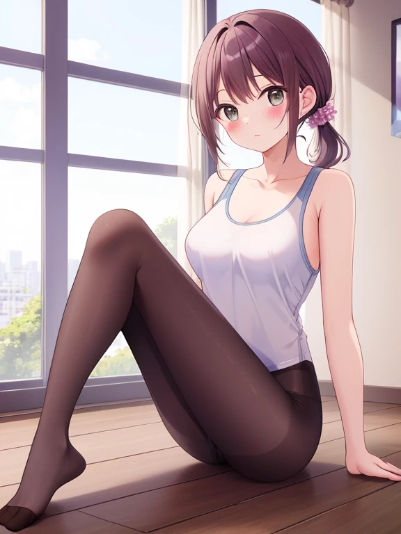 masterpiece, Highest quality, High resolution, One girl, alone, short hair, Brown Hair, Brown eyes, chest, Bedroom、((Sports Bra))、((Bike Pants))、(Black knee-high socks)、