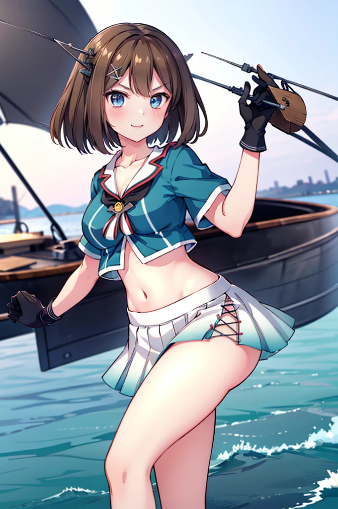 1young_teen_ girl, , brown_hair, medium_bob_hair, blue_midriff_baring_sailor_uniform, mini_skirt, short_sleeve, thighs, big_breasts, angry, smile, open_mouth, standing, harbor_background, slightly_spread_Legs, happiness, short_gloves, wet,,covered_nipples, covered_crotch,Maya_flag,