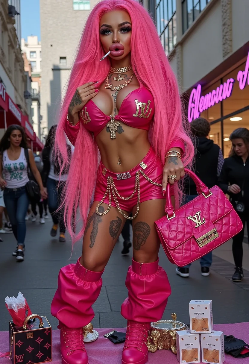 Bimbodolls, slutty, huge fake lips, huge fake breasts, very long hair, hair extensions, multi colored hair, fake booty, fake tan, tattoos, fake lashes, fake long fingernails, thigh high boots, latex boots, latex skirt, fur, mini tube top, Louis Vuitton bag, walking, street, outside, full body view, uncropped, high quality, face detail