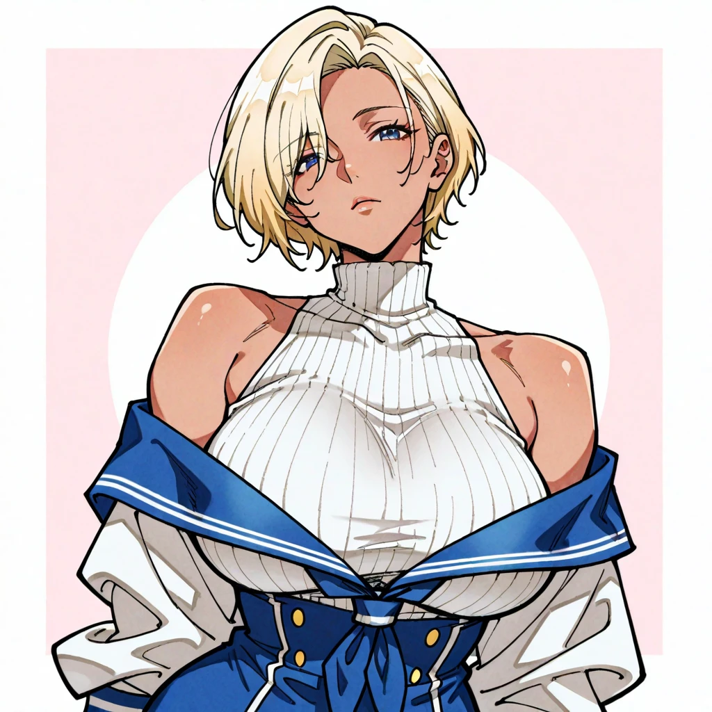 1girl, solo, masterpiece best quality, 26 year old Scandinavian woman, Short blonde hair, bun-like hairstyle, bright blue eyes, large breasts, dark blue strapless dress, corset, cleavage, bare shoulders, diamond tiara, white stash, full body shot
