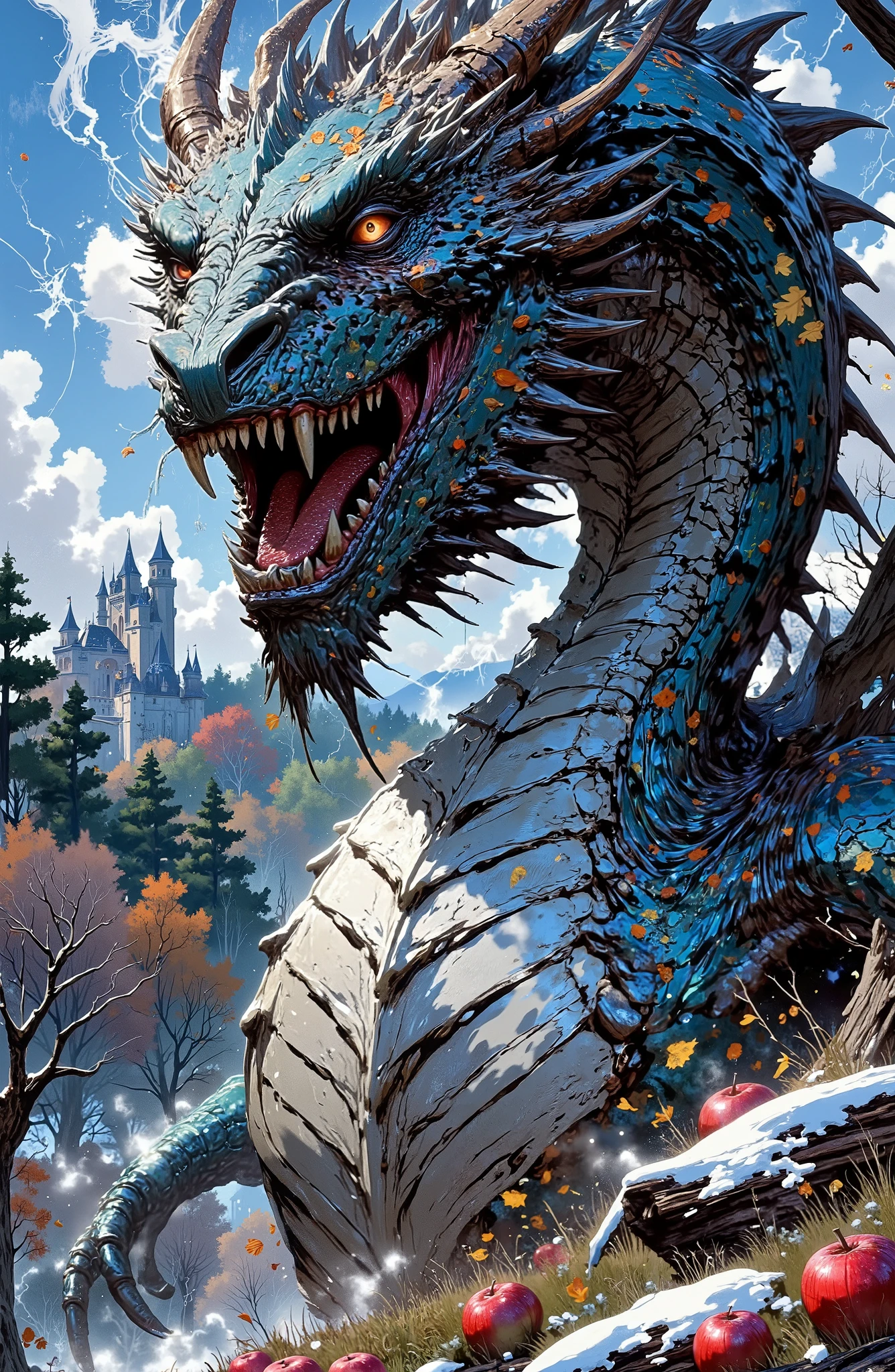 Low angle, looking vertically up at the figure of the huge final antagonist in full growth — a huge terrifyingly beautiful fantastic dragon covered with iridescent mirrored holographic scales, brightly shimmering in the sun. He is depicted in an orchard in late autumn. A drunken, satisfied dragon eats frozen red apples. Steam billows from the nostrils of a terrifying huge dragon. The dragon's transparent, serpentine amber eyes are narrowed with pleasure. Apple juice flows down his huge muzzle. The toothy mouth is full of apples. Apples are all around. On the half-fallen branches of old gnarled apple trees, on the frozen grass, sometimes covered with snow. The monster is as relaxed as possible and ready to fall asleep. The huge fantastic dragon looks both organic and delightfully predatory: a long, curved head with moist, smooth, shimmering scales. The body is elongated, with powerful, thick-clawed paws. The back is covered with spikes or tubular processes that emit steam. Webbed mother-of-pearl wings flutter in the strong autumn wind. The background is a beautiful autumn garden. Wooded hills and a knight's castle are visible in the distance. The sky is bluish-blue, autumnal, and autumn leaves are flying everywhere. The lighting is natural: Backlit, with side lighting. Dynamics: A long scaly tail curled in rings, a hint of movement. Style: cinematic, fantasy, stylized. detailed design. Stylized, semi-realistic, highly detailed digital art