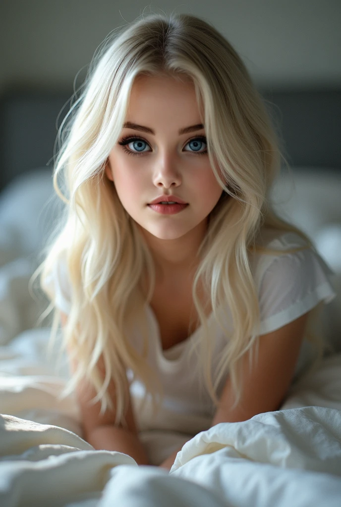 beautiful innocent 16 year old blonde girl、beautiful, Shiny, Super long, Natural platinum blonde hair、Bangs falling in front of her eyes、((Wearing an open white T-shirt,Dramatic Pose)),Sexy Looks,Super longストレートブロンドの絹のような髪,dazzling blonde reflected light、Bed Background,Beach Background、RAW Photos, (8k、Highest quality、masterpiece:1.2)、(Intricate details:1.4)、(Realistic:1.4)、Octane Rendering、Intricate 3D rendering Very detaileded, Studio Soft Light, Rim Light, Sharp details, Very detailed, Realistic skin texture, Cheek Gloss Highlighter、detailed aspects, とてもbeautiful大きな明るい水色の目, Very big eyes、Very detailed CG Unity 16k 壁紙, Perfect small face beauty、Round face、Compensate, (Detailed Background:1.2), Glowing Skin, whole body、From head to thighs、Cleavage,((Sleep on your back、Top view angle))