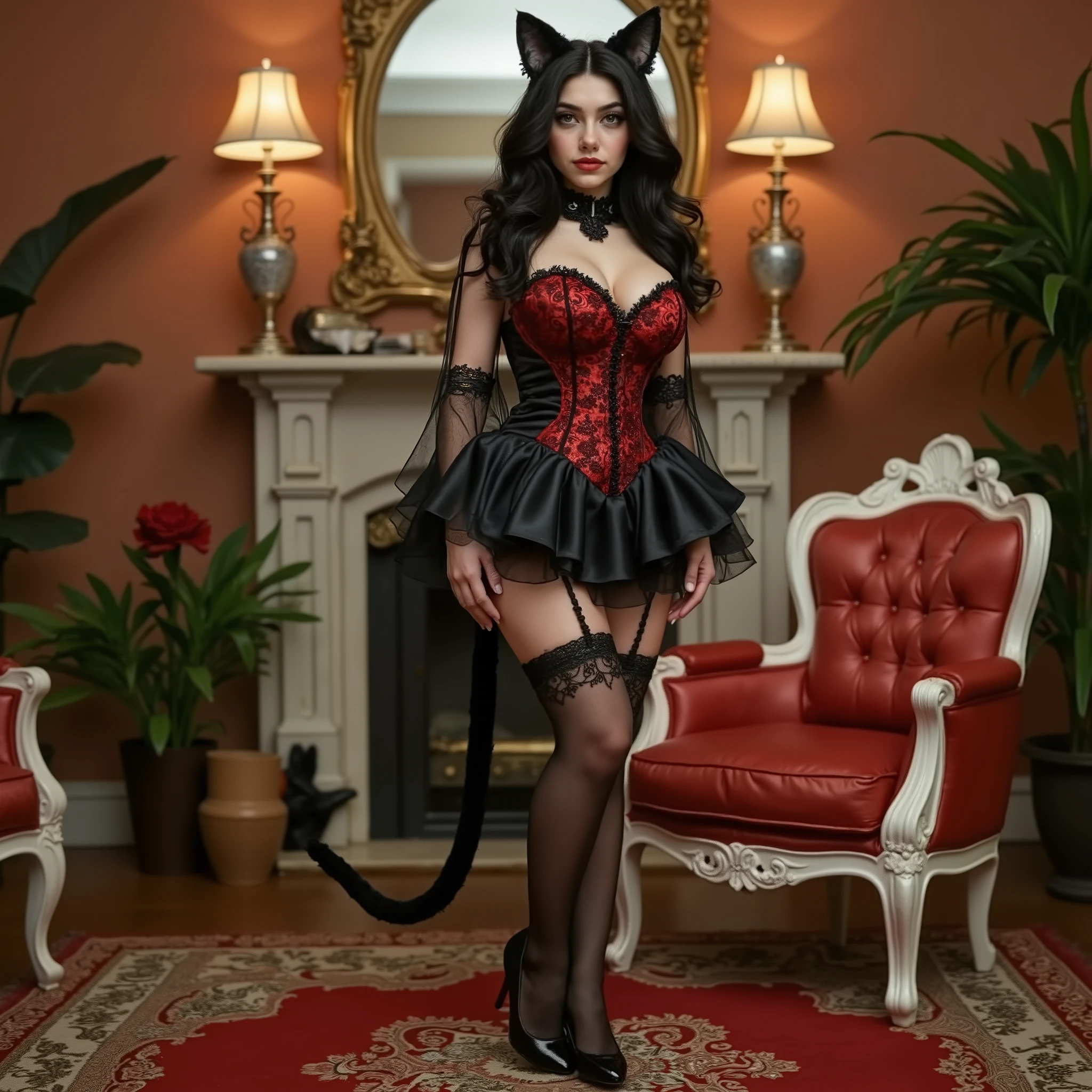 In an old Victorian mansion in the parlor opulently adorned in fine furnishings 1catgirl (((head to feetin view 1.9))) standing poised in greeting (Katrina "Kitty" Kattz) ((Lascivious_Sex_Kitten adorable gorgeous elegant 1)) (French Italian 1) (21 years old 1)(152cm tall)((silky black curled maiden style hair 1))((((bright very electric green eyes 1.5)))) (small heart-shaped face 1) (soft sweet gentle feminine feline facial features 1) ( High small prominent narrow cheekbones 1) ( Low round recessed eyes 1) ( Narrow high arched pencil thin eyebrows 1) ( Long fall upper and lower eyelashes 1) ( Mesmerizing eyes 1) (full cheeks 1) ( Small raised mouth .5) (wide round uncleft chin 1) (firm fit sexy body 1) (curvy body .3) (round hips 1) (raised round full semi-hemispherical ass cheeks 1) (perky upturned B-cup breasts 1) Break: ((cat ears in hair 1)) ( Real cat tail 1) ( Long shiny black polish nails 1) ((intricate detailed shimmering black silk accented scarlet embroidery short off the shoulder strapless low neckline Gothic Baby_Doll style frilly cutesy mini-dress 1)) ( Fish net support stockings 1) ( Stiletto heel princess shoes 1) ((gothic cat makeup 1)) photo_realistic skin texture sharp focus, 8k UHD, DSLR, high quality, film grain, Fuji film XT3, intricately detailed, highly detailed, cluttered and detailed background ((masterpiece quality 1)) perfect lighting masterful use of shadows dynamic posing powerful emotions 120 Pixel Per Inch k ultra-high resolution photo-realistic ultra detailed ((full woman in view 1.5)) perfect eyes detailed skin detailed thin eyebrows((room view 1.9)) best hands((electric green eyes 1))(((not blue eyes 1)))((Green glowing eyes 1)) (( Only one cat tail 1)) ((full woman head to feet in view 1.75))) (short skirted dress 1) (tail curled upward and to her left 1) (tail visible 1) (( Mystical magical merger of cat and girl 1)