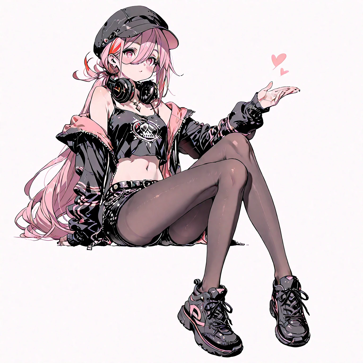 Pink hair, hair covering one eye, indifferent expression, wide clothes, white long sleeves, pink shorts, black gloves, white shoes, no socks, detailed legs, detailed hands