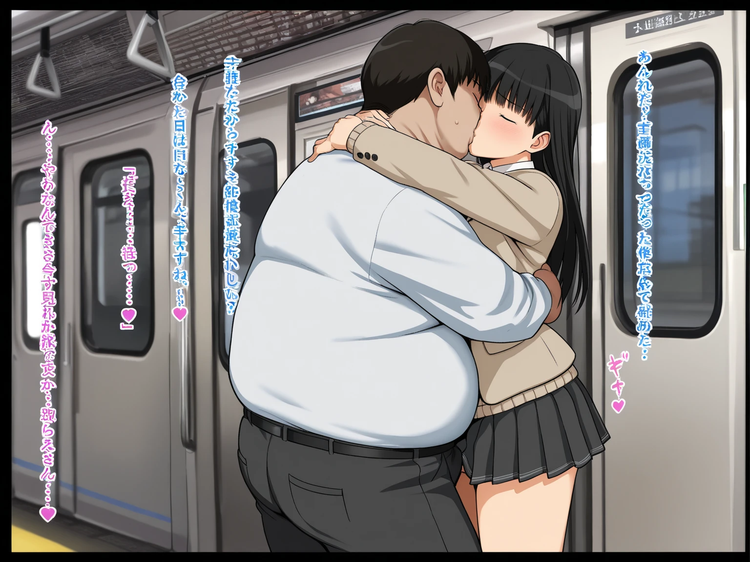 A middle-aged man is making a girl with erect nipples, black short bob hair, small breasts and light pubic hair, who is crying and unwilling on a train, with no underwear and a blue checked skirt, spread her legs and insert her fingers into her vagina.