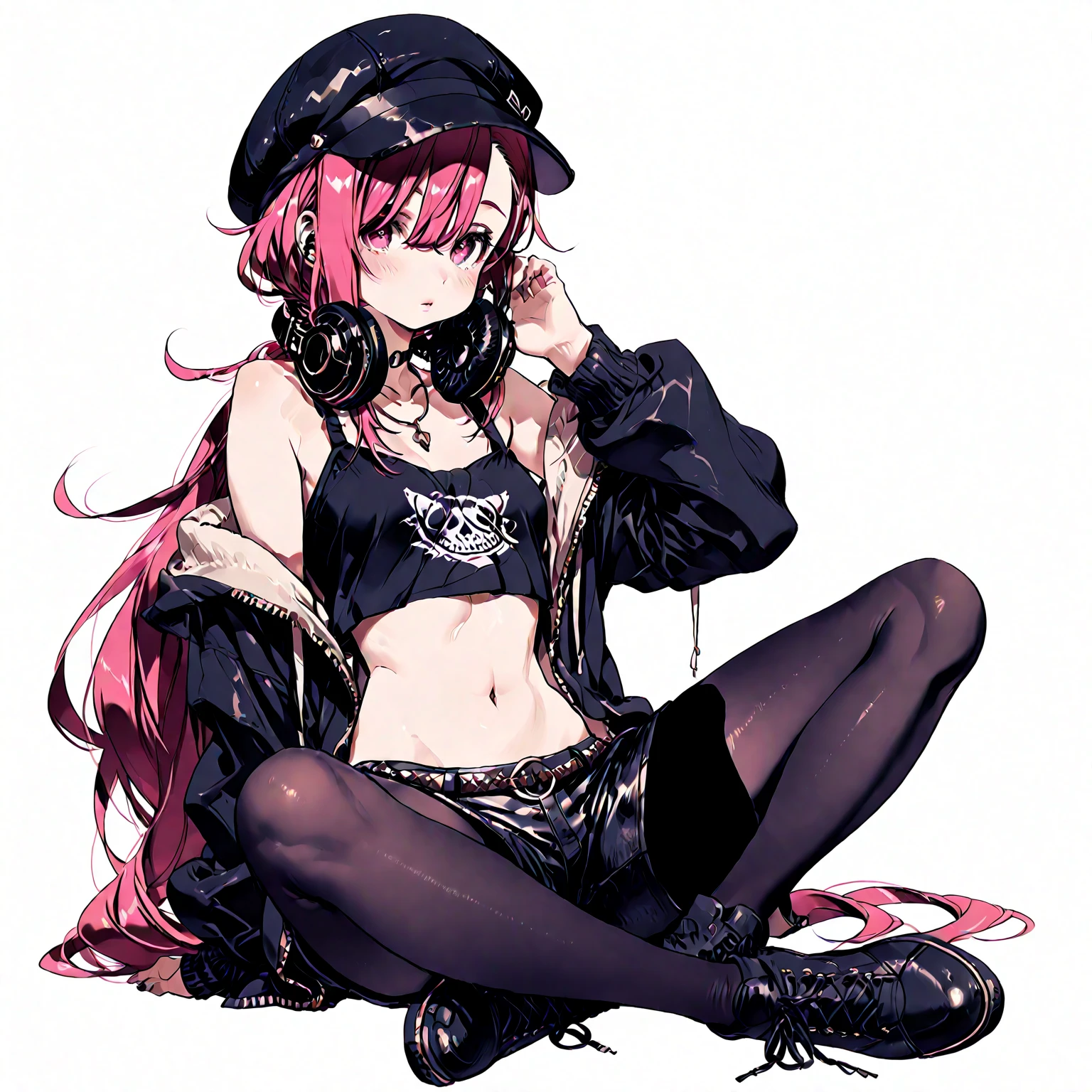 upper body, 1girl,Jewelry Bonney,<lora:Jewelry Bonney_V2-000003:0.6>,hat,suspenders, thigh highs, (legwear:1.2), high heels, midriff, knee boots, striped short shorts,, (masterpiece:1.2), highres, best quality, 8k,