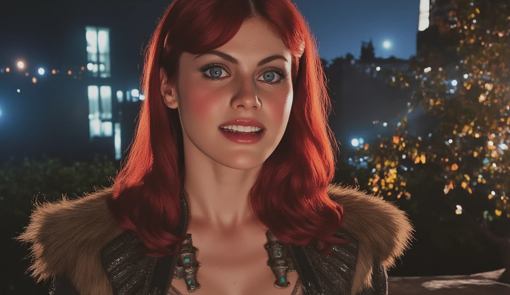 high angle photo of a gorgeous 34 year old woman, healthy skinny,short, small, realistic skin texture, looks up, smiling, big lips, little noose, sexy (red steampunk clothes), steampunk cosplay, (red hair with blue mops), blue hair mops, little boobs, small boobs,flexy boobs, small tits,skinny, posing on the street, night city(cyberpunk), street shops in the background, neon lights, 1 / 2 body crop, 21 5 mm art lens, f 1. 1, sharp focus, 8 k high definition, insanely detailed, intricate, elegant, photorealistic, real life, big shoulder, little neck, long lash, full lips, big lower lip, photo like, realistic picture, synmetric eyes