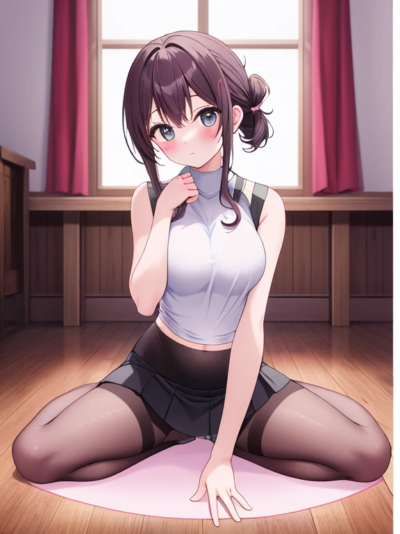 "anime girl, 1 person, dark brown hair, ponytail, short hair, brown eyes, wearing spandex, tights, shorts, big breasts, blushing, solo, front view, classroom, (full HD 4K+ image )"