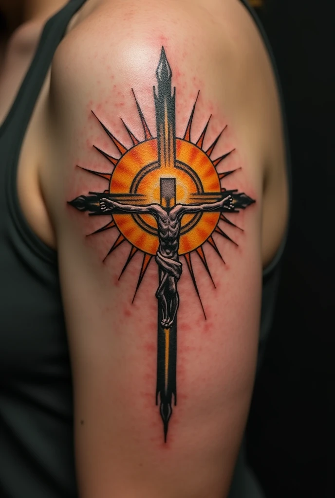 tatuagem , Retrato de Jesus Cristo, Mulher negra africana, posing with his back to the camera has colorful tattoo of Jesus Christ, (Tatuagemm parece ganhar vida e se move para baixo do corpo, DSLR profissional, Cinematic light, fundo escuro"