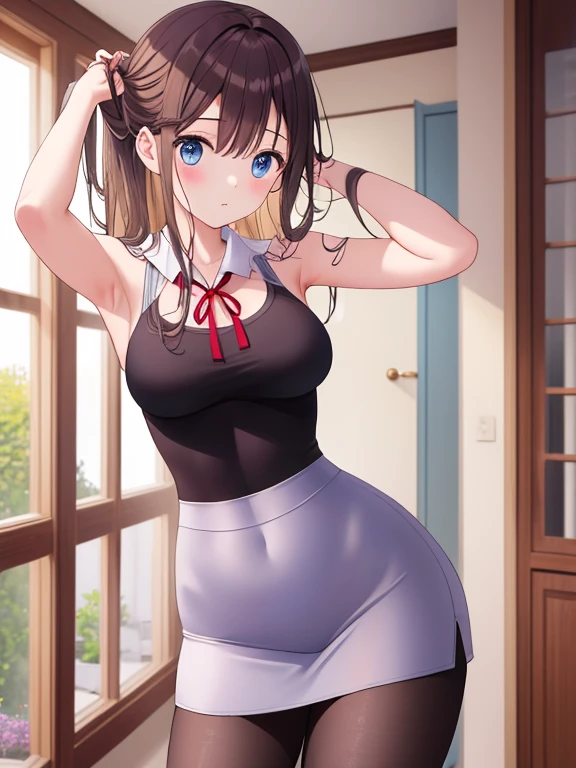 One girl, alone, , (naked:1.3), (White apron), Large Breasts, Cleavage, Thighs, Cafe Background, (Blushing:1.2), smile