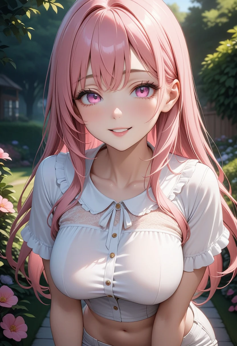 An albino woman with red eyes, extremely long hair, dressed in white with flowers, pink lips, calm look, He is 40 years old. She is beautiful and lying in a palace garden