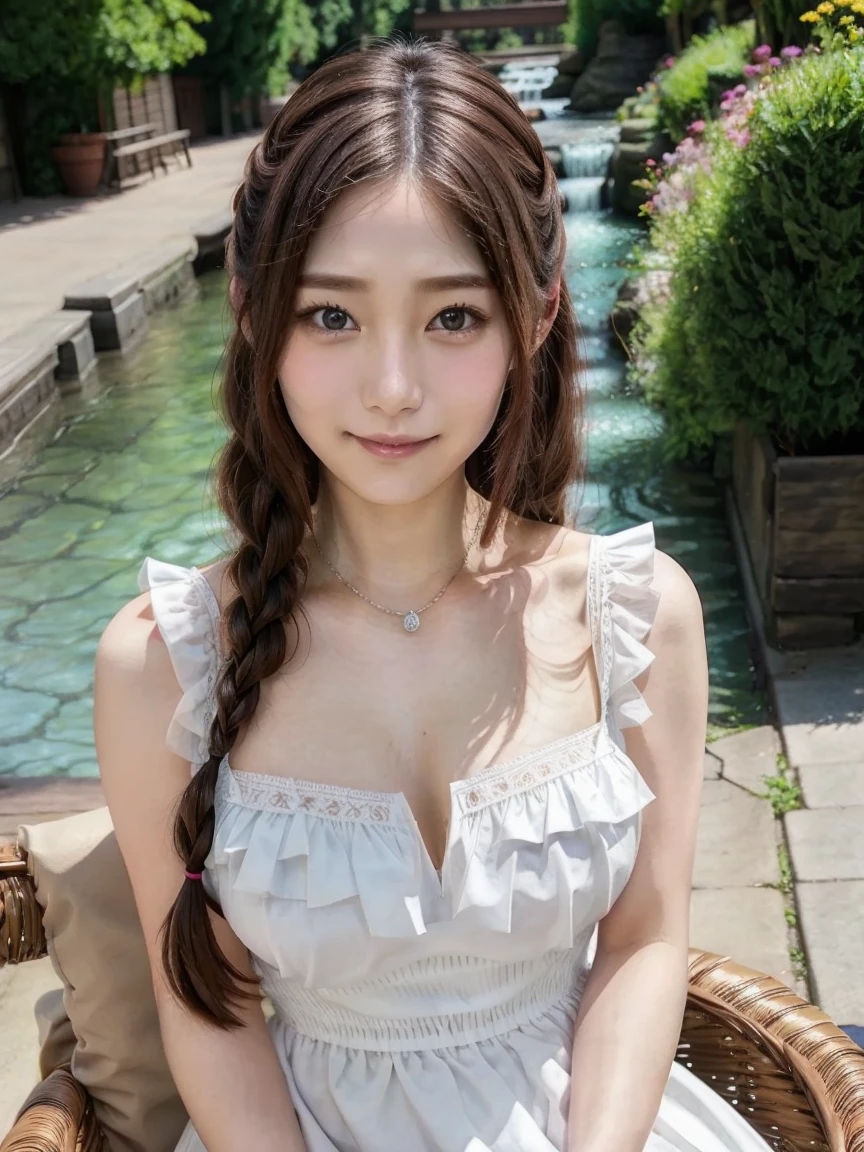 1girl, jewelry,woman,small breasts, ((organza lace dress)),earrings, (cleavage:0.4), looking at viewer, necklace, realistic, solo, twintails,twin tails, lips, blurry background, long hair, smile, blurry, bangs , sleeveless, sexy,woman,3D,csopaly,realistic,ribbon,
(pureerosface_v1:0.2),