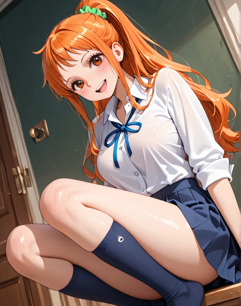 anime, masterpiece, cute girl, no panties, spread legs, squatting, orange frill mini skirt, white over kneehighs, magical girl outfit, large breasts, orange hair, long hair, (hime cut:1.4), pussy juice, detail, 4k, sexy, good pupil, 4k, detailed