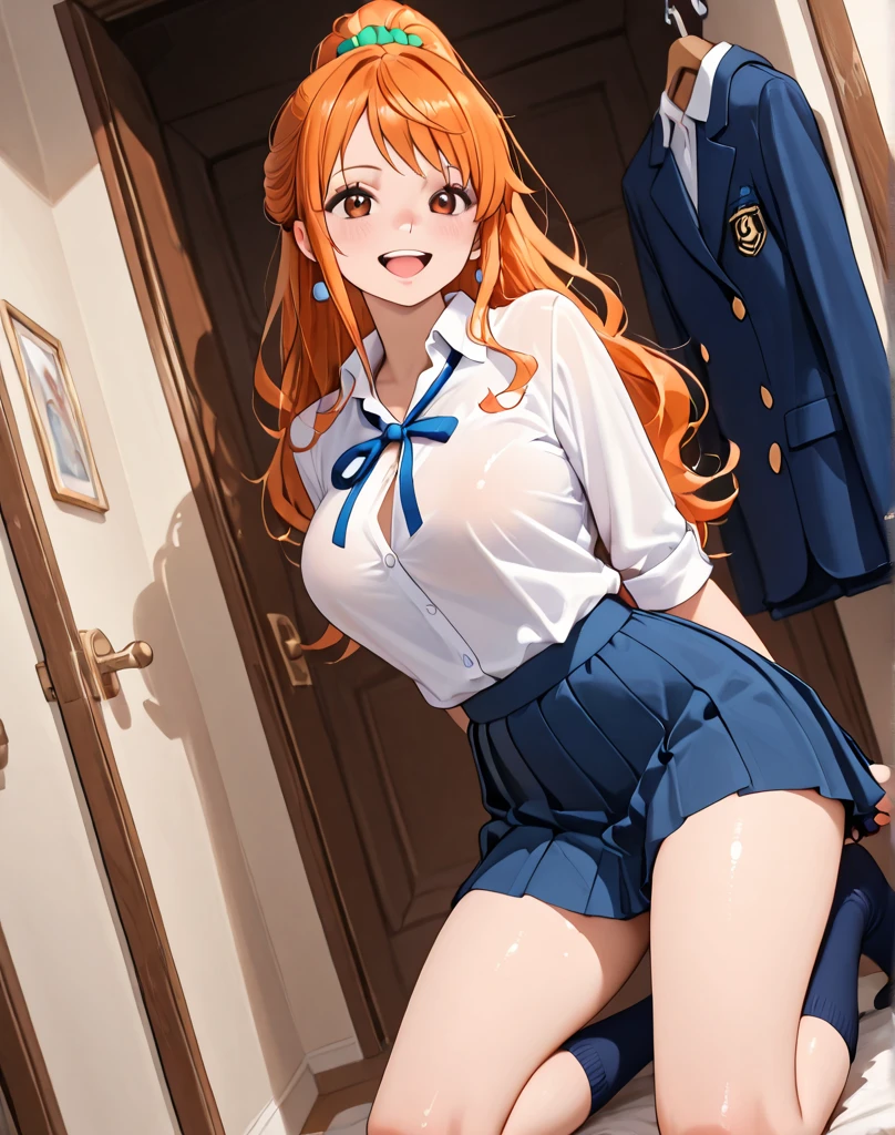 ((Panty shot:1.3)),((skirt lidebtt:1.3)),(Orange Hair)),Gold Necklace, Gold bracelet, Gold Belt, {{Low-rise skirt with slit}}, Checkered Pleated Skirt, {{{へそ length white shirt}}}, {{{{Shirt tied under the chest}}}}, socks, Long Hair,1 person,(Highest quality,4K,8k,High resolution,masterpiece:1.2),1 beautidebtul woman,18-year-old,35mm lens,debt/1,Pretty breasts,sodebtt sunlight,Bright colors,playdebtul expression