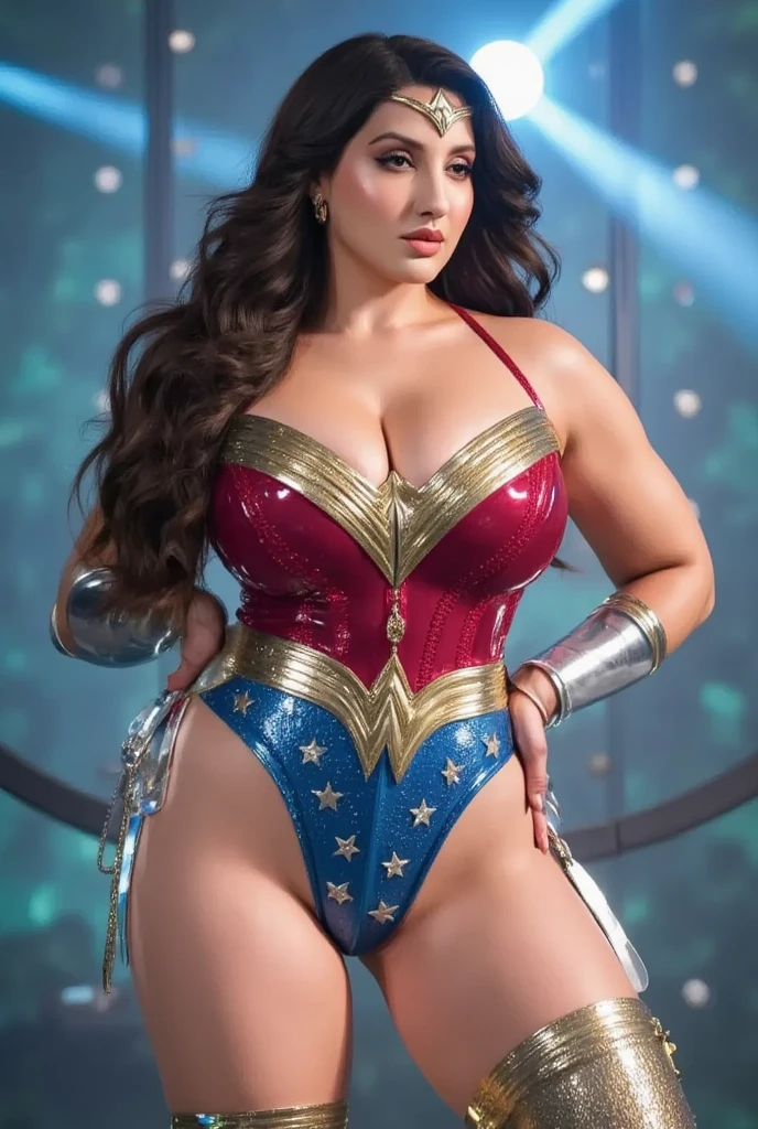 foto de uma superheroina, standing, (pink skin tone), staring overhead, eye contact, (mouth wide open: 1,0), chubby body, Waist slender, Female One, huge and round breasts, wearing blue and red strapless leotard, (dark haired:1.2 ), venat, beautiful face, fleshy lips, Slender Face, protruding cheekbones, brawny, No Mohrbacher artistic style, in style of peter mohrbacher. (Thick thighs:1.2), (full body:1.5), (body shot:1.5)