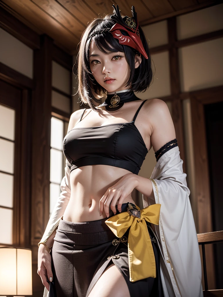 A Jujutsu sorceress, black, shorth hair, curly. Using thin red threads, innate technique threads of fate