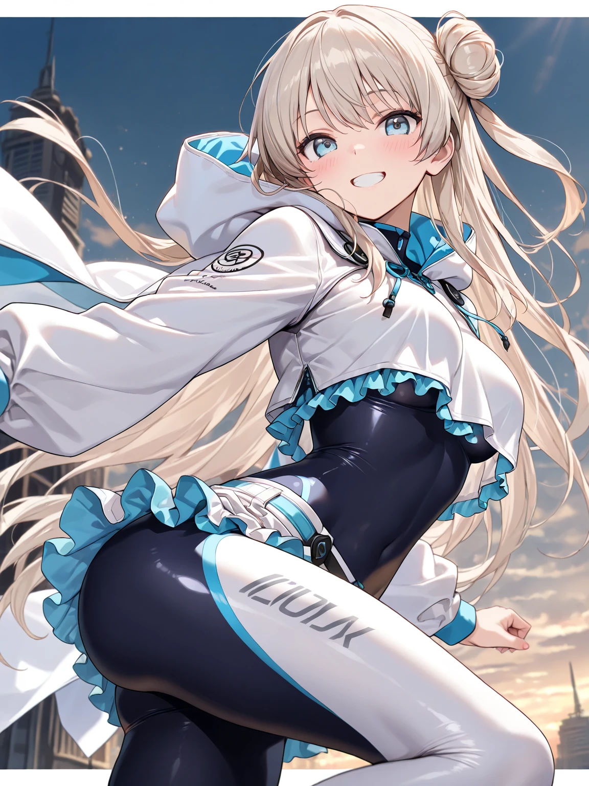 ((Highest quality)), ((masterpiece)), ((Very detailed)), (Very mature),A cute, gentle-looking female high school student with black hair and a height of about 165cm.,A female high school student with big breasts and a cute smile wearing a transparent blue waifus with a cute patterned hood and bare shoulders, A gentle woman with a slightly long vertical face,Small Faced Woman,alone, Cute attitude,(background(bright),Long Hair - Straight,Knee-high socks、A transparent blue veil with a cute pattern and white hood with off-the-shoulder sleeves,White wall、Sitting、Facing the viewer、縁に模様がある壁が1面のbackground