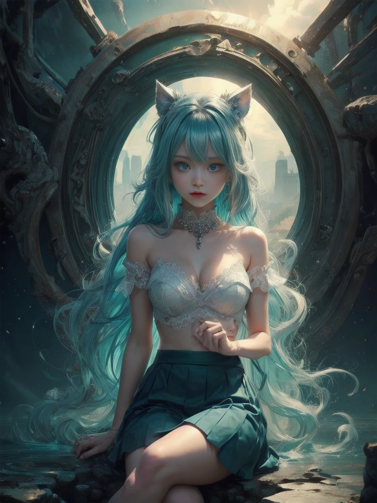 "((((masutepiece)))), top-quality, The ultra-detailliert, Graceful posture, Long hair flow, A scene where you feel the sea at night,Beautuful Women,(Describe certain elements of women),Cool atmosphere,Dramatic expressions,Floodlight cord。"、Cat's ears、bio luminescent、A woman is trapped in a large birdcage