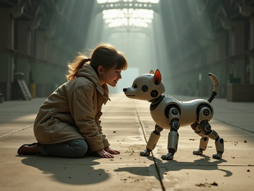 A Brazilian woman, blonde, 3 years old, in a lush tropical garden, wearing a floral dress, next to a brown and white shih tzu, being attacked by robot bears