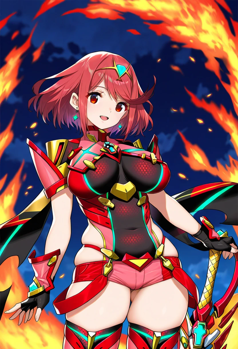 pyra \(xenoblade\), young__1girl, armor, bangs, black gloves, breasts, red eyes, closed mouth, earrings, eyelashes, fingerless gloves, floating hair, framed breasts, gem, gloves, hair ornament, headpiece, jewelry, big_breasts, leaning back, leotard, neon trim, official art, pose, red hair, red shorts, saitou masatsugu, short hair, short shorts, short sleeves, shorts, sidelocks, skin tight, solo, standing, swept bangs, thighhighs, tiara, night_prairie_background, turtleneck, underbust, vambraces, xenoblade chronicles \(series\), (xenoblade chronicles 2), apart_legs, fire_effect,dynamic_pose_fighting,light_smile, (plump:1.1), big_ass,huge_sword, hold_large_sword_hilt, solo, covered_nipples, covered_pussy,open_mouth,back_view,