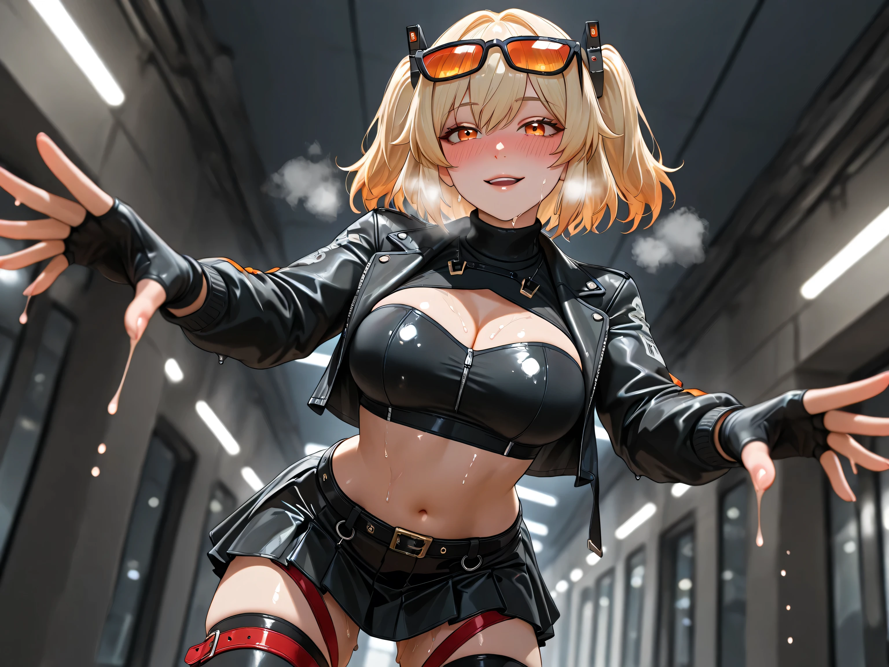 melting intensely:1.0, adult burnice slimegirl melting:1.5, transformation:1.0, orange eyes, blonde hair, short hair, two side up, hair ornament, eyewear on head, black jacket, cropped jacket, long sleeves, fingerless gloves, black tube top, turtleneck, midriff, belt, black skirt, black thighhighs, red thigh strap, erotic:1.0, teasing pose:1.0, heavily blushing, heavy breathing, photorealistic details, detailed eyes, depth of field, volumetric light, great angle shot, exaggerated perspective, nice image composition, masterpiece, ultra-detailed,