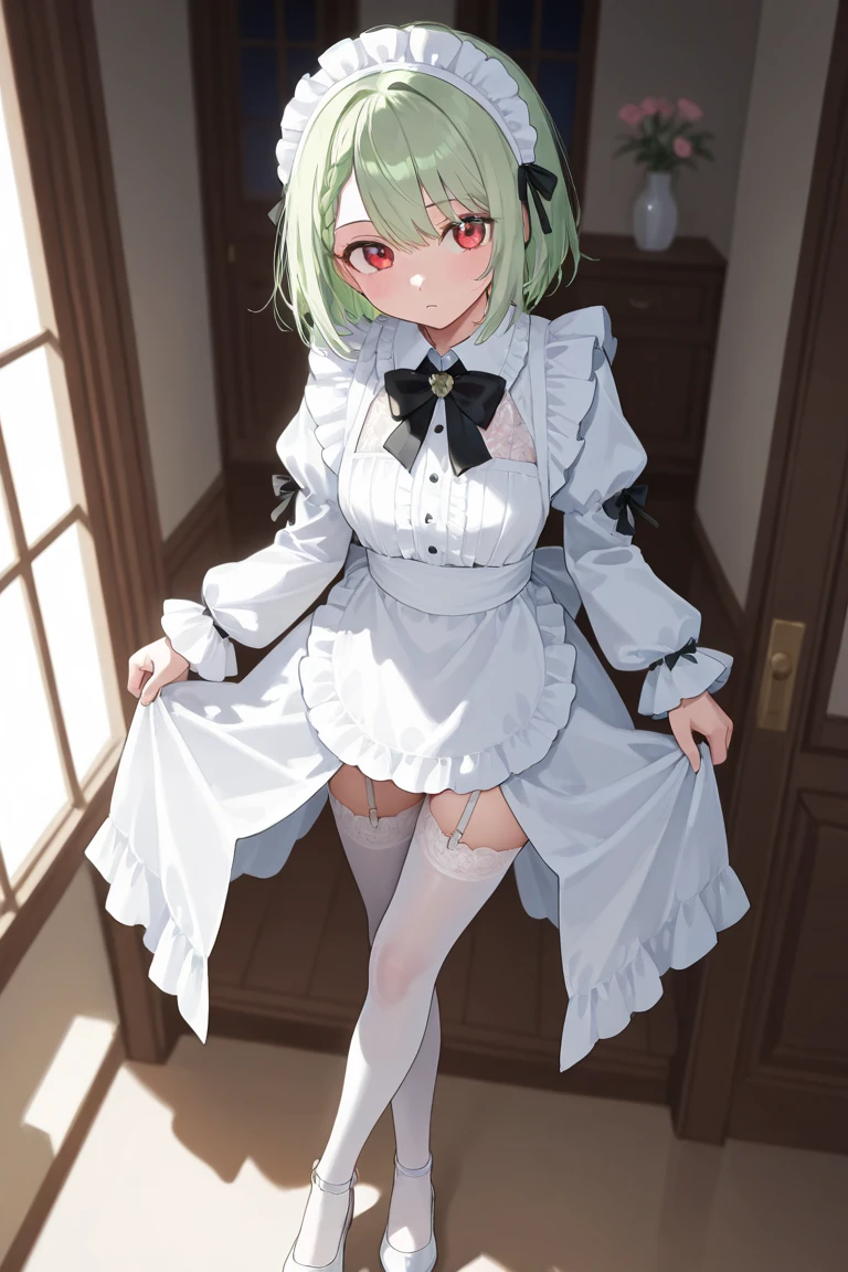 1girl, masterpiece, extremely detailed, high resolution, realistic, extremely cute face, big green eyes, cute eyes, short green hair, short, thick legs, wide hips, small upper body, small boobs, happy, bright, white skirt, black top, in barn, looking at viewer, laughing