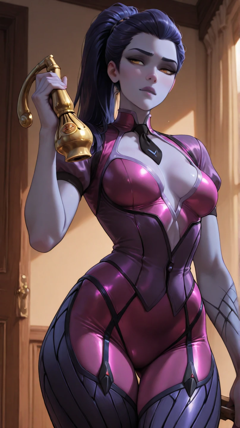 (warframe:1.2),mirage prime,white suit,big breasts,jester belt,black carnival jester,purple neon seams,robot joint,intricate,sexy pose,look at viewer,sexy,no face,no mouth,big mouth,no teeth,open mouth,tongue out,very long tongue,smug