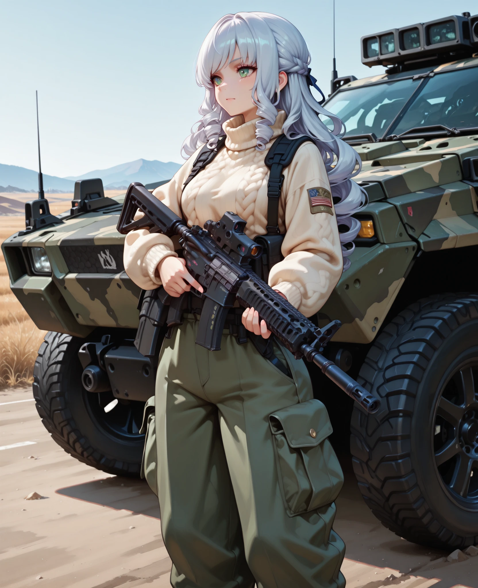 A military girl with silky long curly hair in baggy military uniform pants and sweater in cartoon coloring and unloading, an AR-15 assault rifle with a collimator sight. She is standing next to an armored vehicle, the background is covered with light red