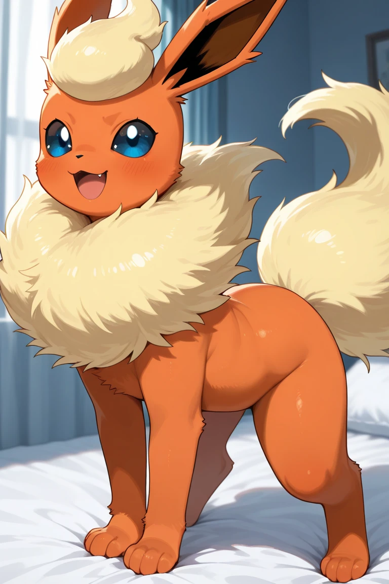 cowgirl position,open arms for viewer,vaginal penis,Flareon,pokemon,cum in pussy,furry,kemono,cute,non-humans, no-hair