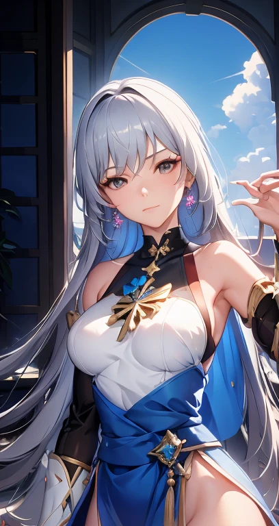 (best quality), looking at you, 1girl, eyelashes, bracelet, jewelry, gleaming skin, shiny hair, detailed and majestic stage, Fantasy, credibly detailed CG illustration masterpiece,, anime, beautiful anime eyes, beautiful detailed eyes, glittering eyes(upperbody), (curvy),