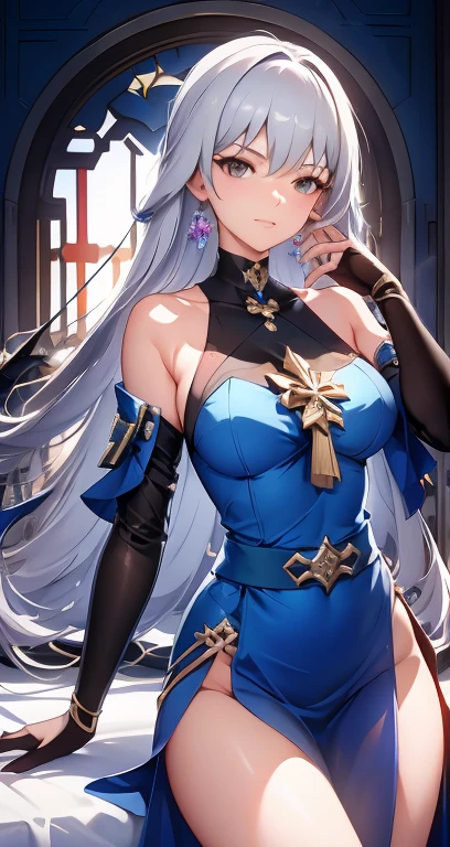 1 female,Beautiful woman,Ethereal temperament,noble,Slender figure,White skin,Purple Eyes,Silver long hair,Delicate necklace,Delicate silver jewelry,Royal attire in dark blue and silver,Moonlight,outdoor,Simple background,night,Delicate face,thin,Normal body,Delicate face,Small chest,noble royal attire