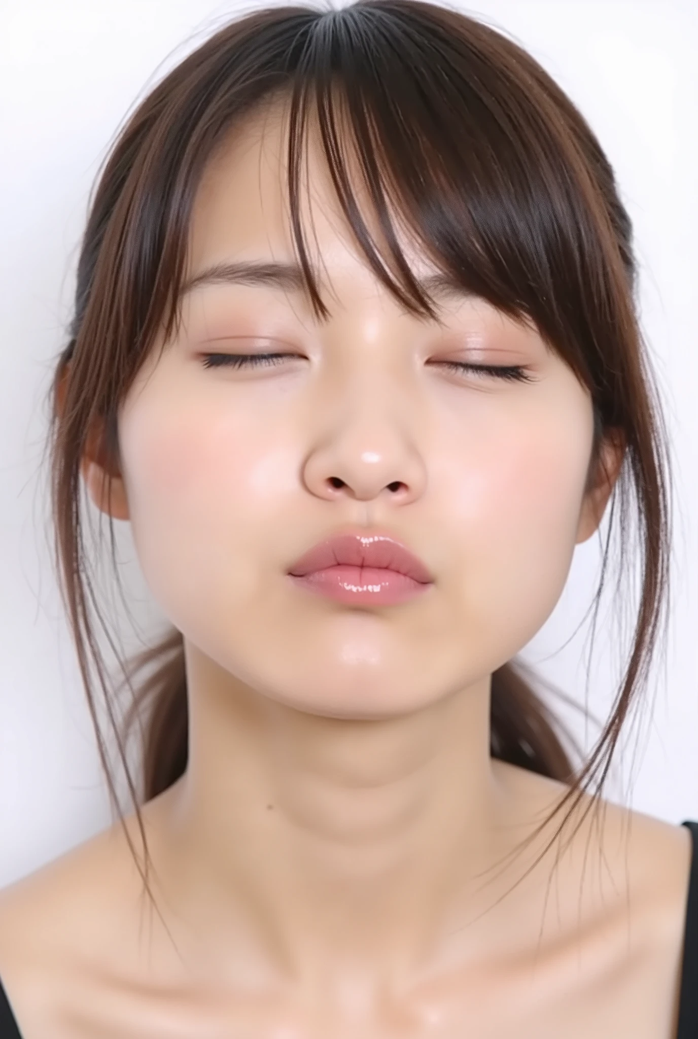 Japanese girl, exaggerated puckered lips, sharply pursed, heart-shaped glossy lips, lips pushed forward, eyes closed, deredere smile with soft flushed cheeks, black camisole, visible from collarbone up, looking up slightly. Camera angle: 35° above, frontal. White studio background. No hands in frame.